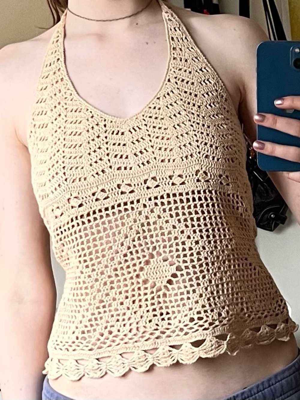 Acrobat Crochet Knit Halter Top - Beige